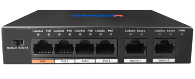 TR-NS1006-60-4PoE TRASSIR Неуправляемый PoE-свитч, 4 порта PoE 10/100 Мбит/с (дальность питания до 250 м), 2 Uplink-порта 10/100 Мбит/с