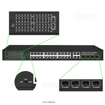 SW-62444 (400W) OSNOVO PoE коммутатор Fast Ethernet на 24 x RJ45 портов + 4 x GE Combo uplink порта