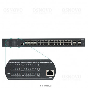 SW-32G4X-3L OSNOVO Управляемый L3 PoE коммутатор Gigabit Ethernet на 16xGE RJ-45 c PoE + 8xGE Combo (RJ-45 + SFP) + 4x10G SFP+ Uplink